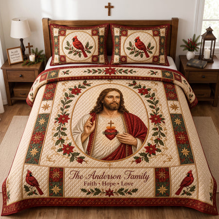Personalized Jesus Sacred Heart Quilt, Custom Family Name Christmas Bedding