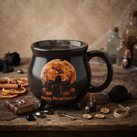 Personalized Halloween Cauldron Mug, Custom Name Black Cat Gift