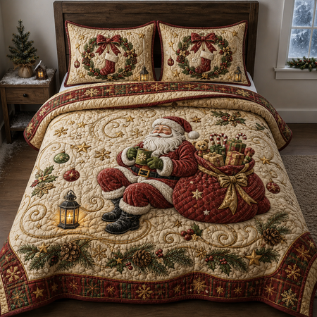 Christmas Santa Quilted Bedding Set, Cozy Holiday Quilt Cover