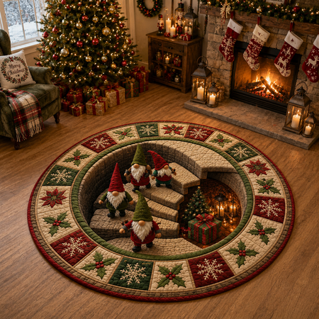 Christmas Gnome Round Rug, 3D Vortex Staircase Optical Illusion