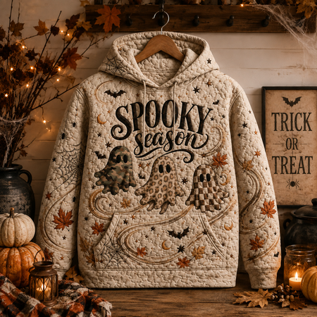 Spooky Season Quilted Hoodie, Ghost Print Halloween Sweatshirt