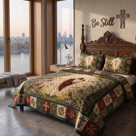 Jesus and Cardinal Quilt Bedding Set, Christian Bedroom Decor