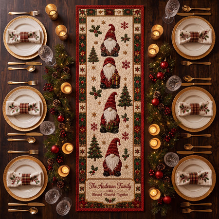 Personalized Christmas Gnome Quilted Table Runner, Custom Family Name Holiday Decor