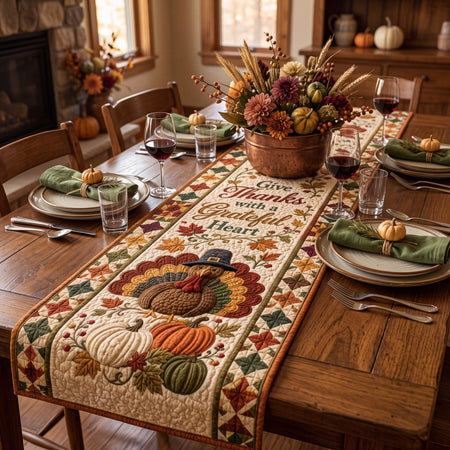 Thanksgiving Quilted Table Runner, Grateful Heart Turkey Harvest Decor