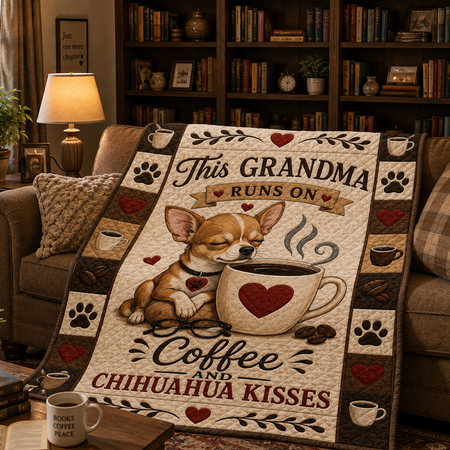 Chihuahua Grandma Quilted Blanket, Coffee Lover Gift