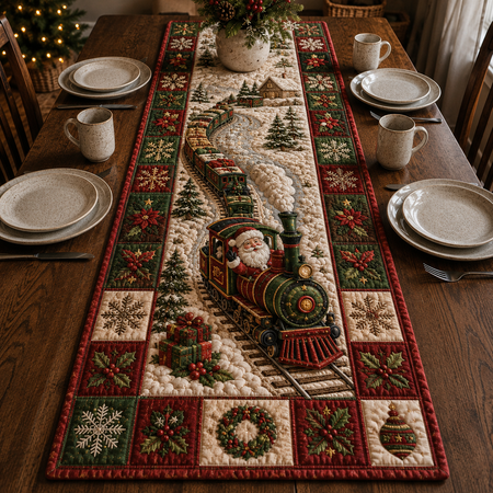 Christmas Table Runner Quilted, Santa Train Holiday Decor