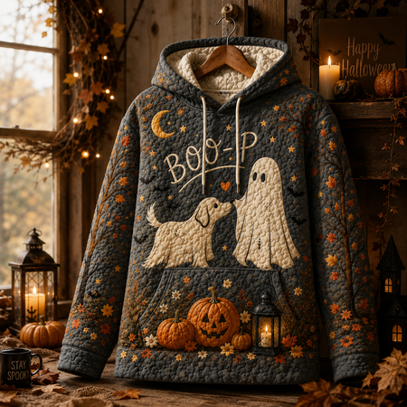 Halloween Dog Mom Quilted Hoodie, Ghost Boop Pumpkin Design