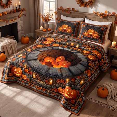 Halloween Pumpkin Quilted Bedding Set, Jack-o-Lantern Glow Quilt