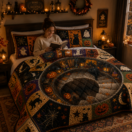 Halloween Quilted Bedding Set, Black Cat Patchwork Quilt