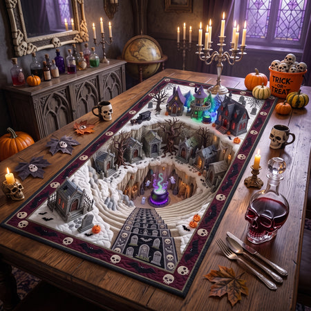 Halloween Quilted Table Runner, Haunted Village Optical Illusion Mat