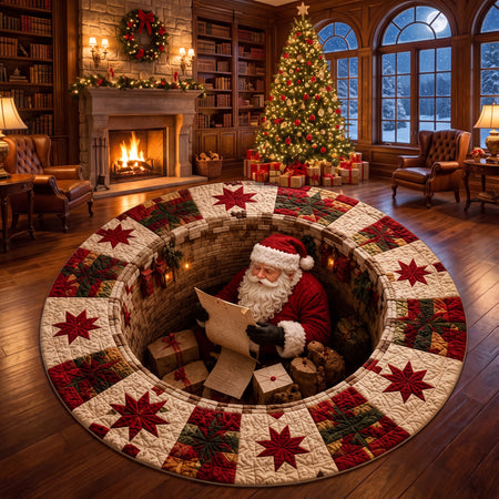 Christmas Round Rug Santa 3D Illusion, Festive Holiday Floor Decor