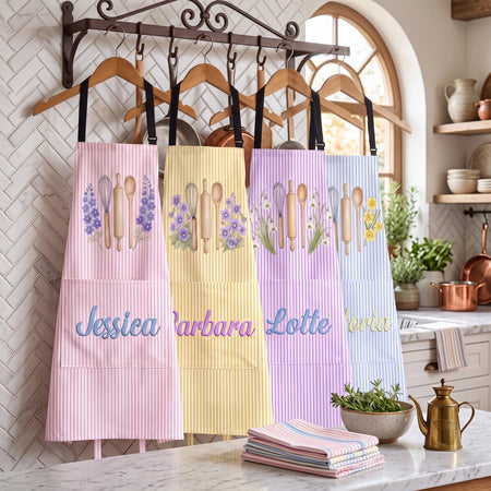 Personalized Birth Flower Apron, Custom Name, Vintage Stripe