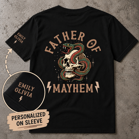 Personalized Father of Mayhem Shirt, Custom Kids Names Sleeve Tee, Cool Edgy Dad Gift
