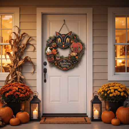 Personalized Halloween Wreath Sign, Custom Name Black Cat Door Hanger