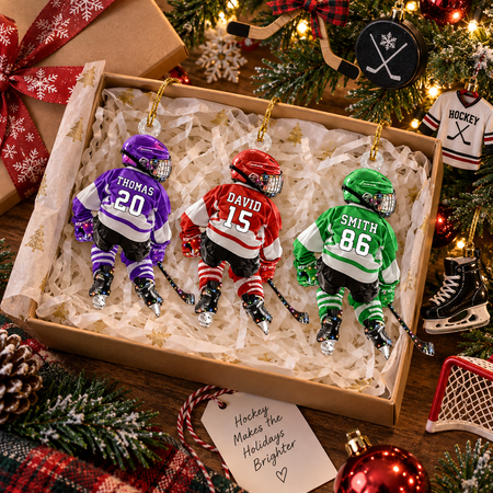 Personalized Hockey Player Christmas Ornament, Custom Name & Number Gift