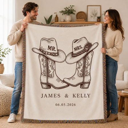 Personalized Western Cowboy Couple Blanket, Custom Names, Tassel Throw, Wedding Gift