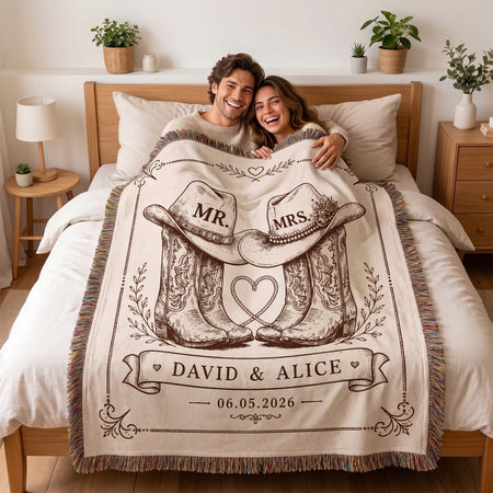 Personalized Western Cowboy Couple Blanket, Custom Names Tassel Throw