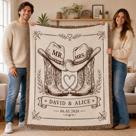 Personalized Western Cowboy Couple Blanket, Custom Names Tassel Throw