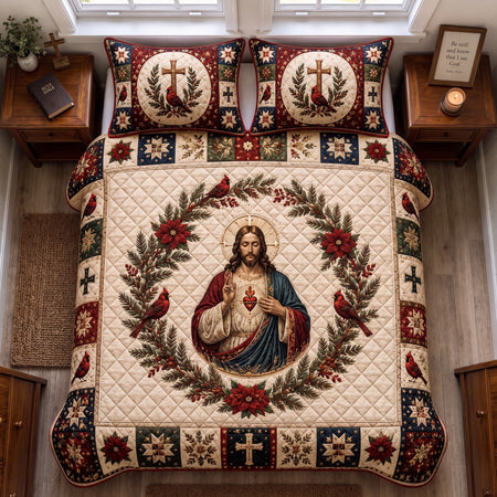 Sacred Heart of Jesus Quilt Set, Cardinal Christmas Bedding