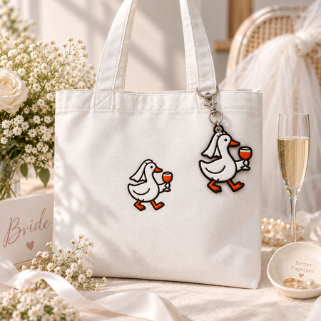 Silly Goose Bride Walking With Wine - Embroidered Patch Keychain