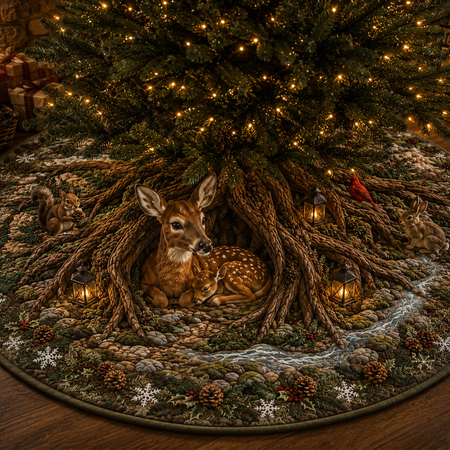 Woodland Christmas Tree Skirt, Quilted Forest Deer Scene