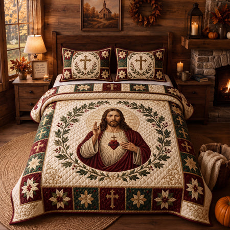 Jesus Christ Quilted Bedding Set, Religious Cross Floral Decor