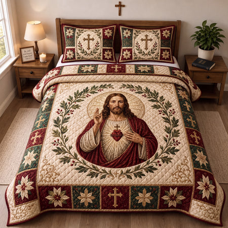 Jesus Christ Quilted Bedding Set, Religious Cross Floral Decor