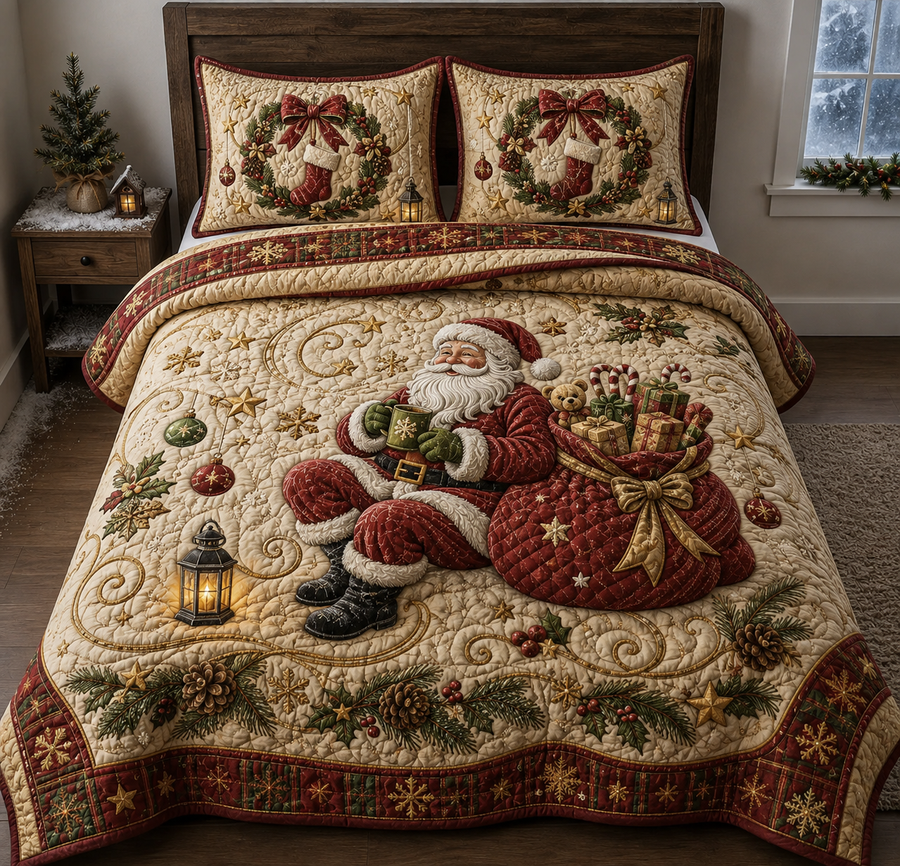 Christmas Santa Quilted Bedding Set, Cozy Holiday Quilt Cover