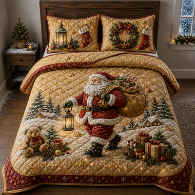 Santa Claus Quilted Bedding Set, Vintage Christmas Bedroom Quilt