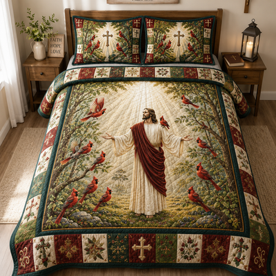 Jesus and Cardinal Quilt Bedding Set, Christian Bedroom Decor