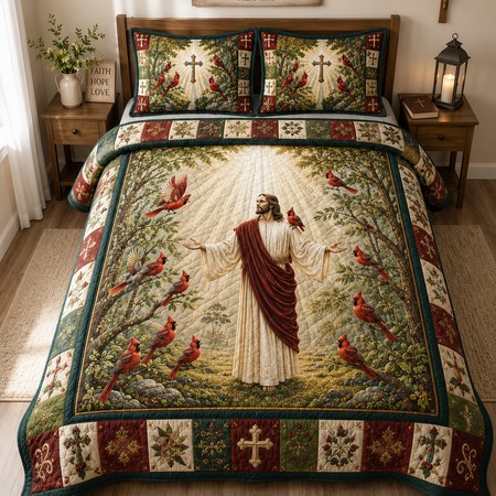 Jesus and Cardinal Quilt Bedding Set, Christian Bedroom Decor