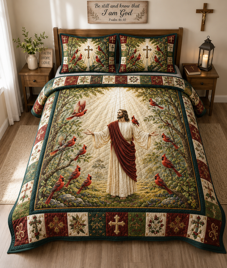 Jesus and Cardinal Quilt Bedding Set, Christian Bedroom Decor