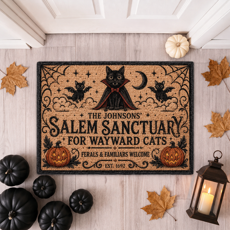 Personalized Halloween Doormat, Custom Name Salem Cat Sanctuary