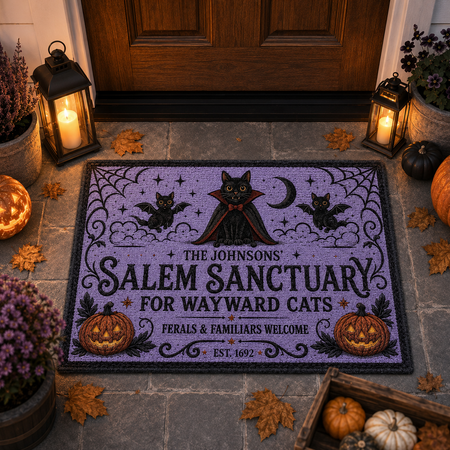 Personalized Halloween Doormat, Custom Name Salem Cat Sanctuary