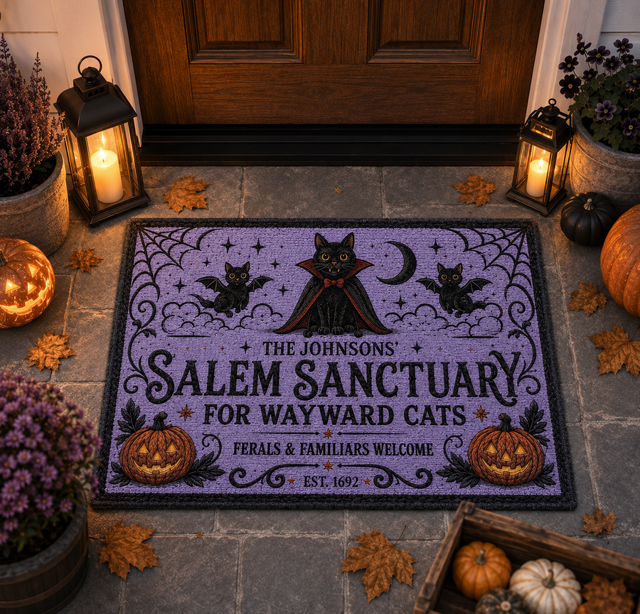 Personalized Halloween Doormat, Custom Name Salem Cat Sanctuary