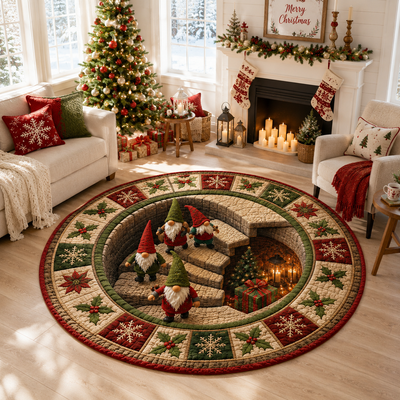 Christmas Gnome Round Rug, 3D Vortex Staircase Optical Illusion