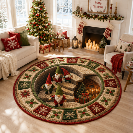 Christmas Gnome Round Rug, 3D Vortex Staircase Optical Illusion