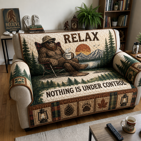 Quilted Sasquatch Couch Cover, Bigfoot Cabin Living Room Decor