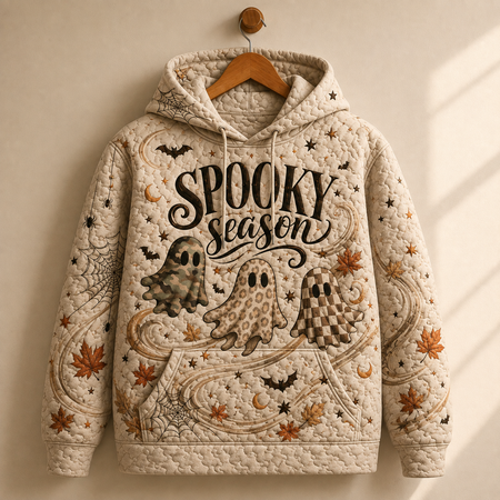 Spooky Season Quilted Hoodie, Ghost Print Halloween Sweatshirt