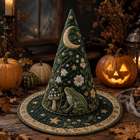 Quilted Witch Hat, Moon Garden Frog Cottagecore Halloween