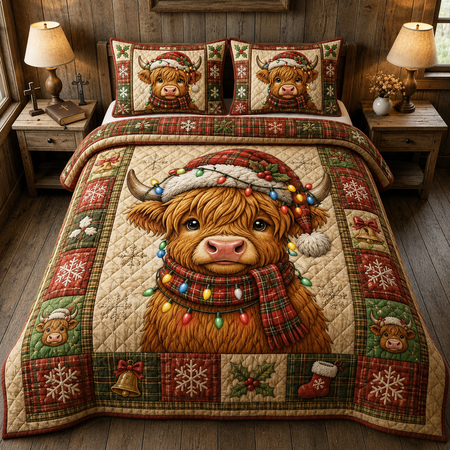 Christmas Highland Cow Quilt Set, Festive Holiday Bedding Gift