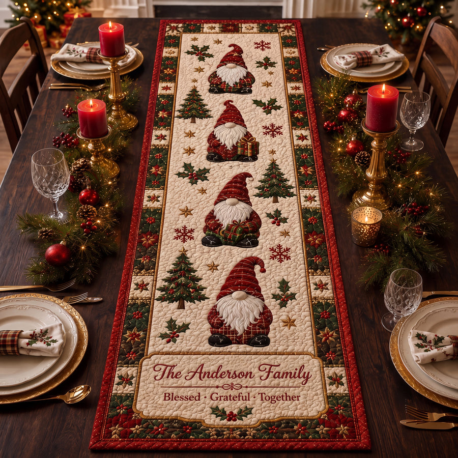Personalized Christmas Gnome Quilted Table Runner, Custom Family Name Holiday Decor