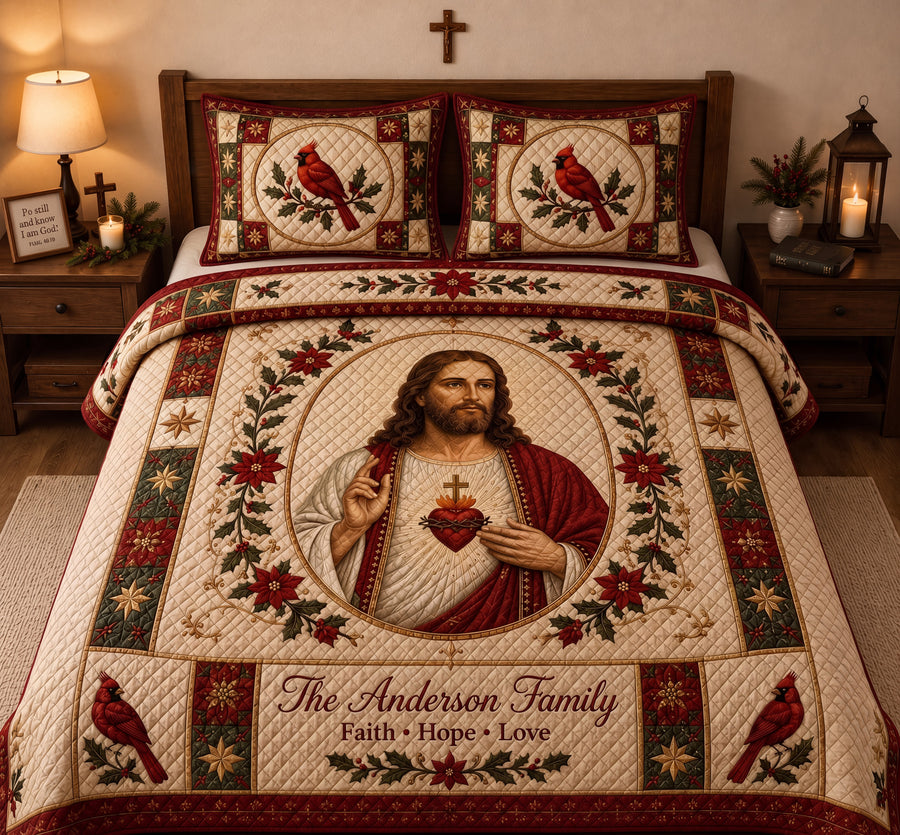 Personalized Jesus Sacred Heart Quilt, Custom Family Name Christmas Bedding
