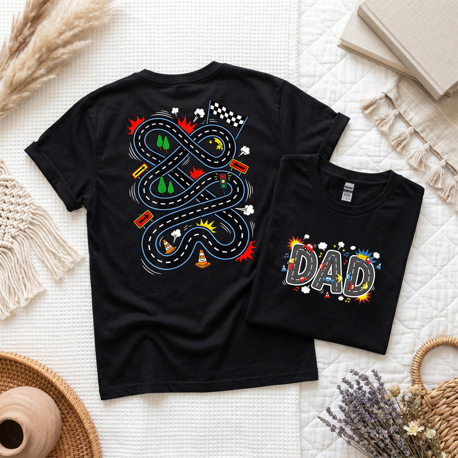 Dad Race Track T-Shirt, Fun Car Playmat Back Print Tee