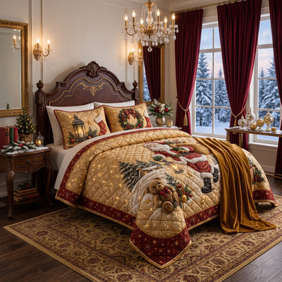Santa Claus Quilted Bedding Set, Vintage Christmas Bedroom Quilt
