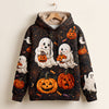 Halloween Quilted Hoodie, Cute Ghost Pumpkin Patchwork Sweatshirt