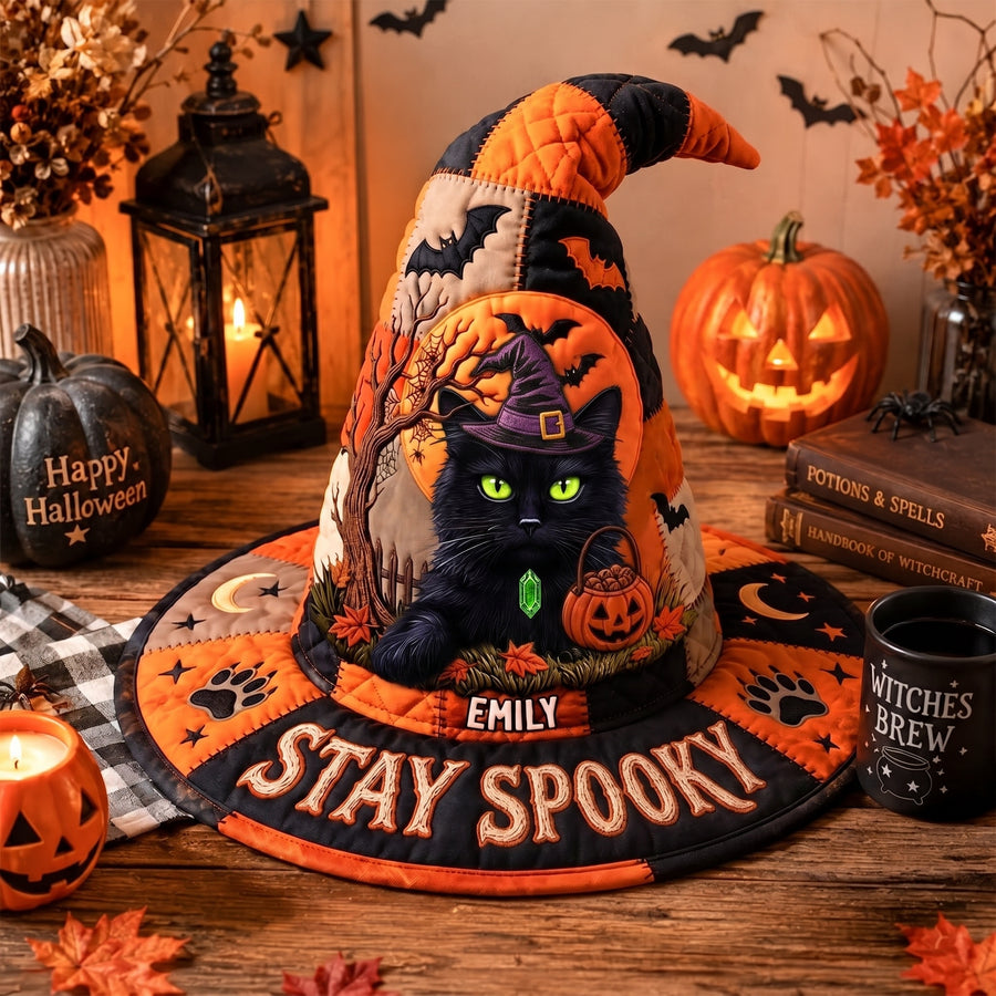 Personalized Black Cat Witch Hat, Custom Name Halloween Gift