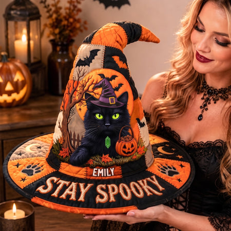 Personalized Black Cat Witch Hat, Custom Name Halloween Gift