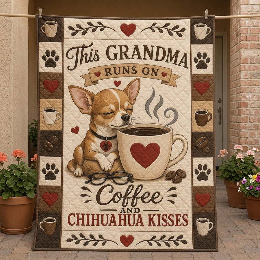 Chihuahua Grandma Quilted Blanket, Coffee Lover Gift