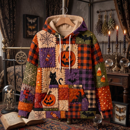Halloween Patchwork Quilted Hoodie, Spooky Fall Pullover